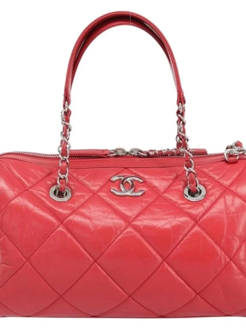 CHANEL Chain Boston Bag Leather 2way Red Silver CC Auth 169810SAM